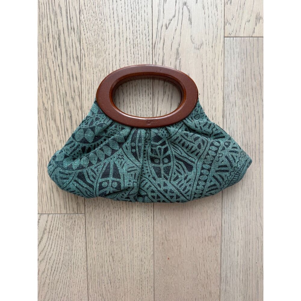 Vintage Boho Tribal Print Wooden Handle Handbag - Teal & Black Canvas